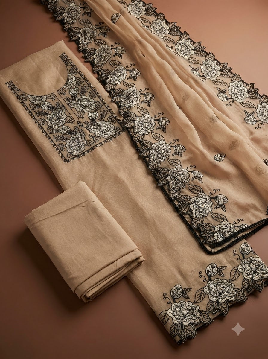 Beige Chanderi Embroidered Unstitched Dress Material
