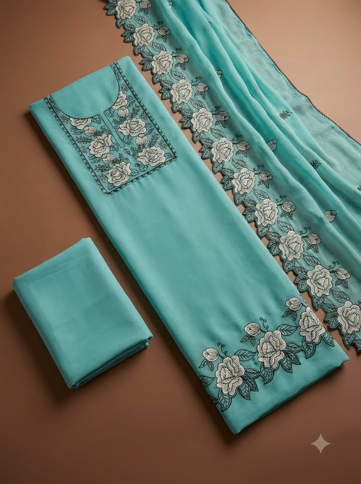 Sky Blue Chanderi Embroidered Unstitched Dress Material
