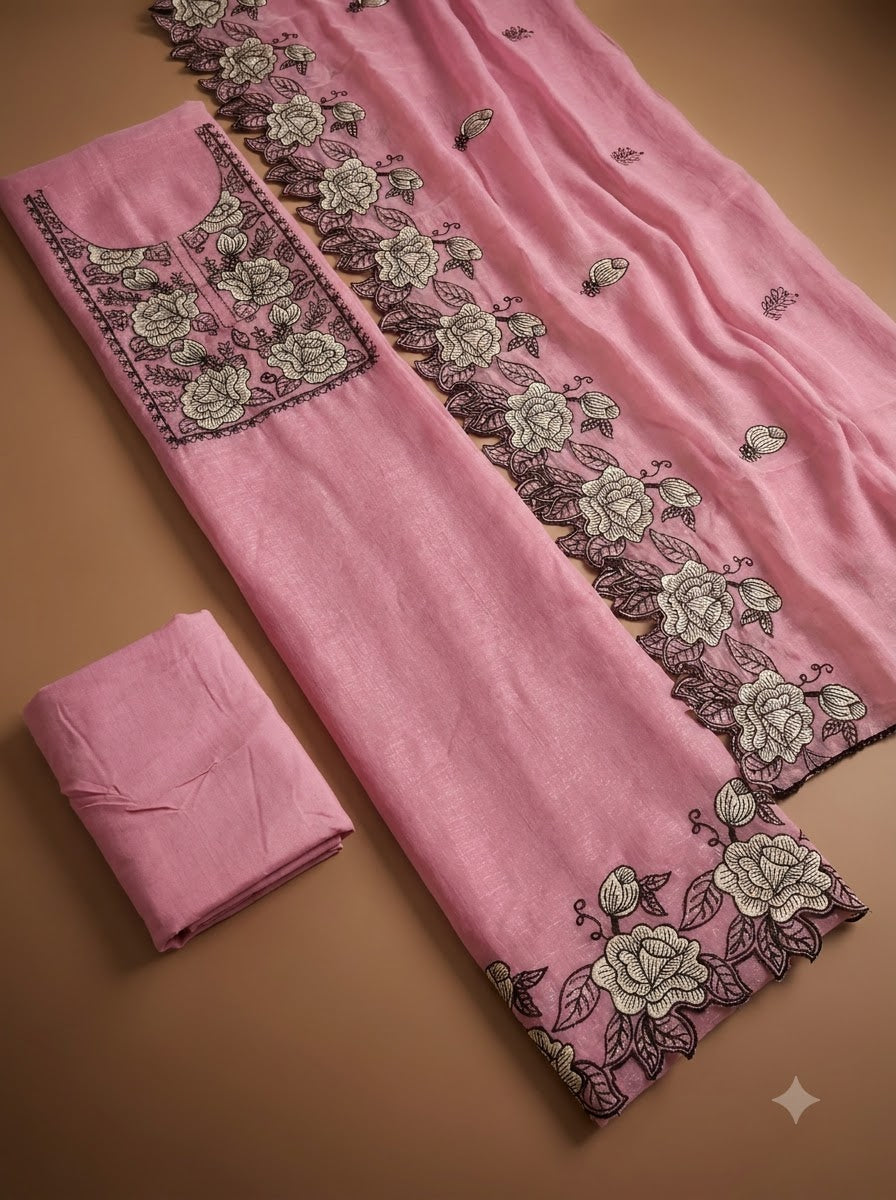 Pink Chanderi Embroidered Unstitched Dress Material