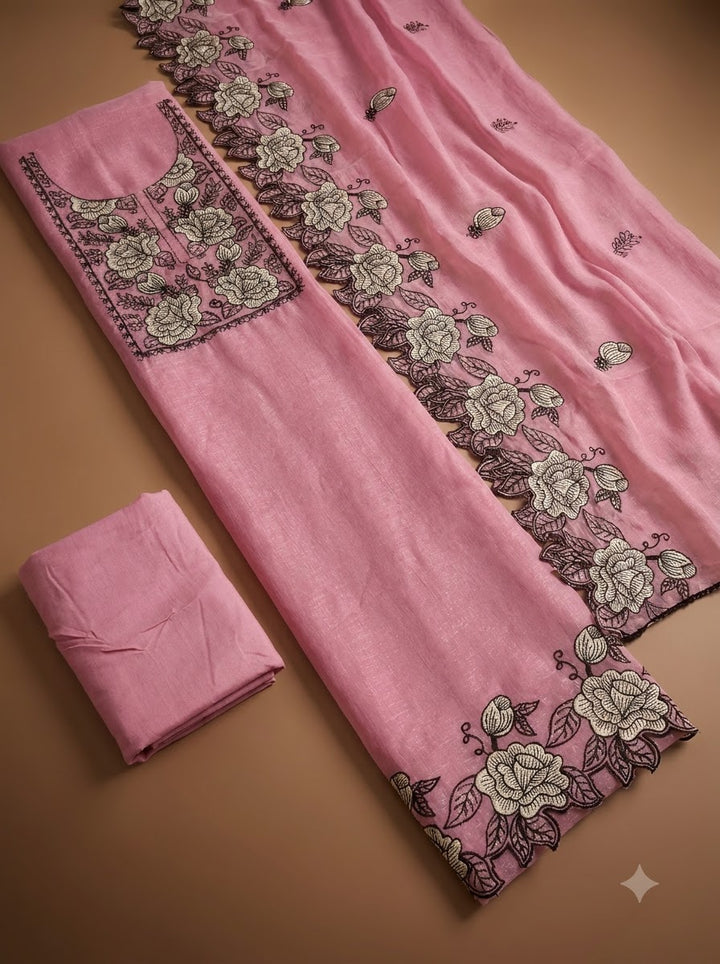 Pink Chanderi Embroidered Unstitched Dress Material