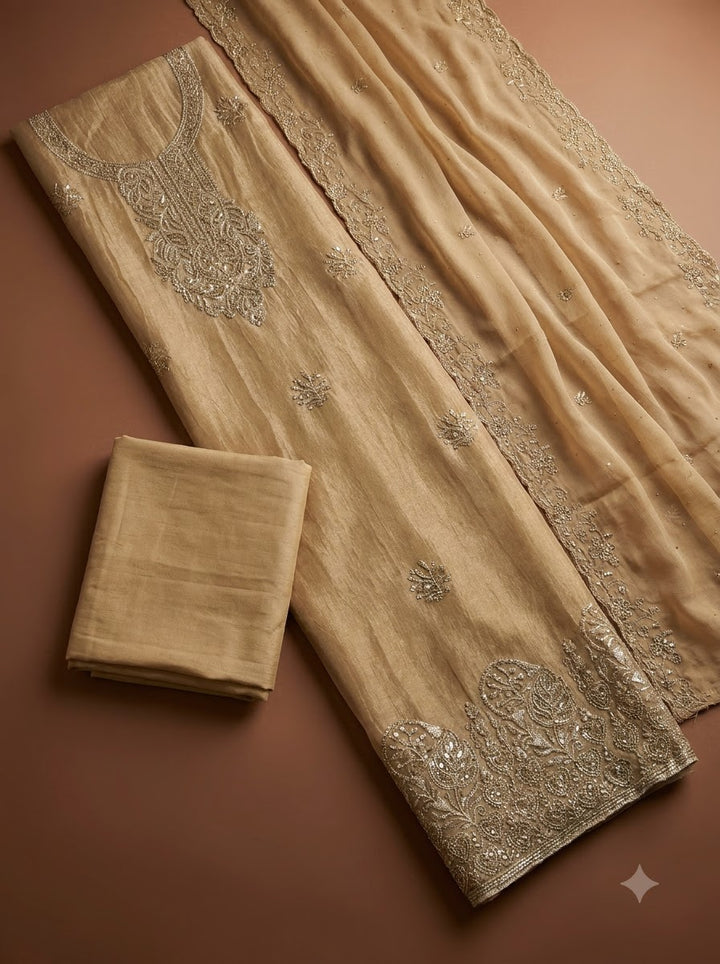 Beige Tissue Embroidered Unstitched Dress Material