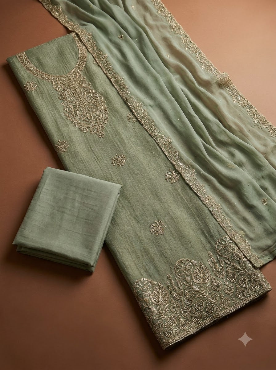 Pista Green Tissue Embroidered Unstitched Dress Material