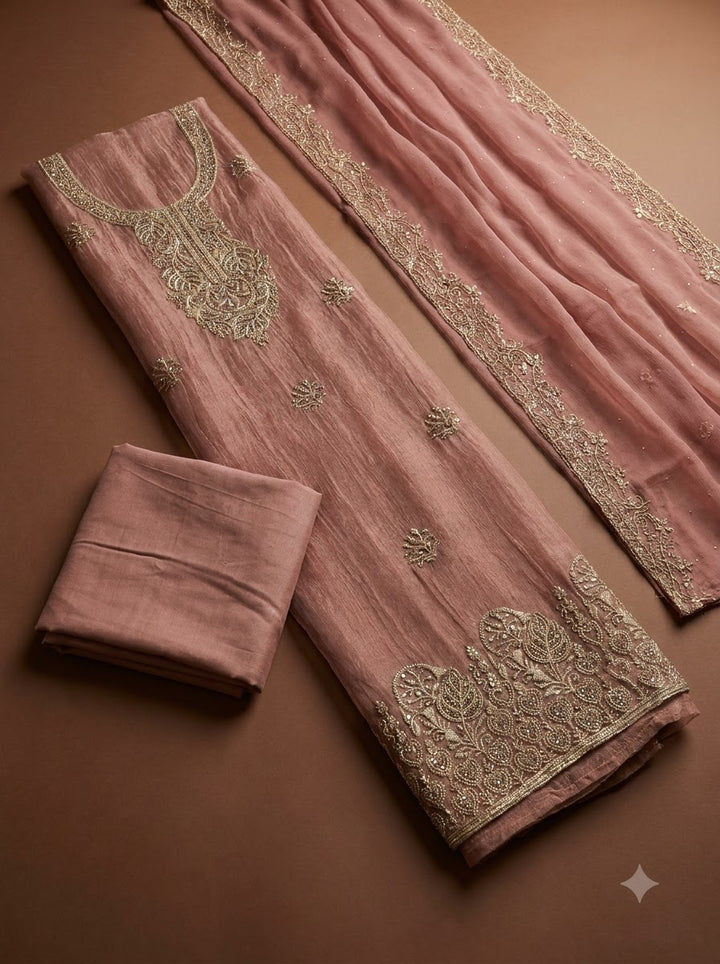 Peach Tissue Embroidered Unstitched Dress Material