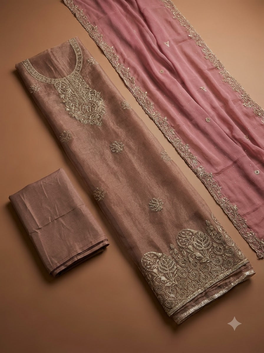 Onion Pink Tissue Embroidered Unstitched Dress Material