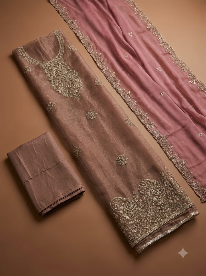 Onion Pink Tissue Embroidered Unstitched Dress Material