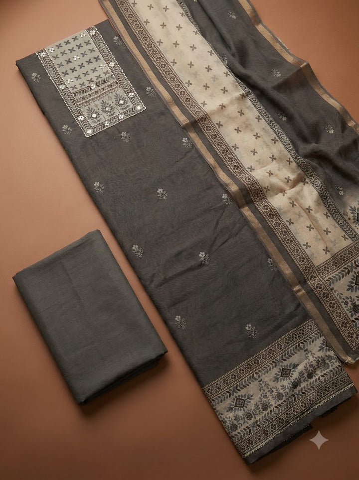 Grey Linen Blend Printed Unstitched Dress Material