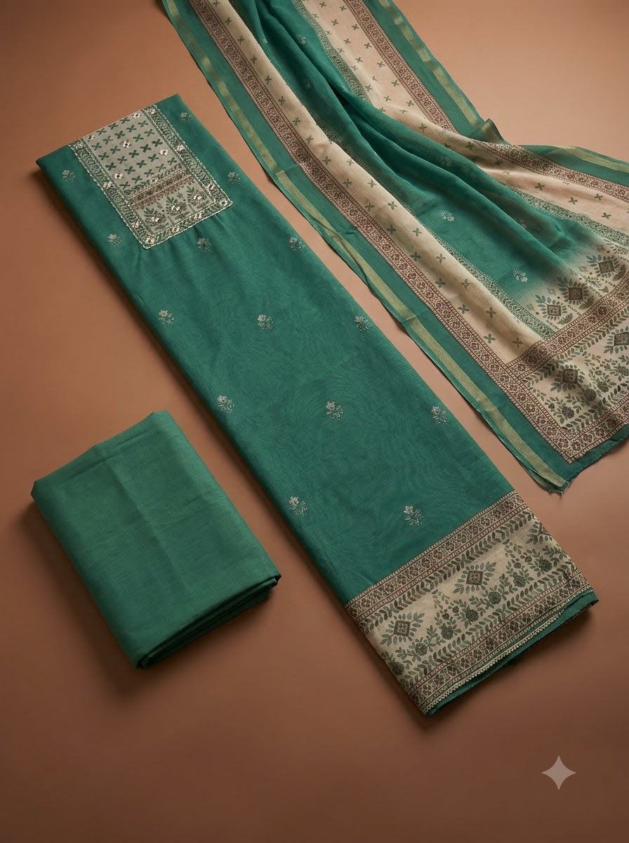 Green Linen Blend Printed Unstitched Dress Material