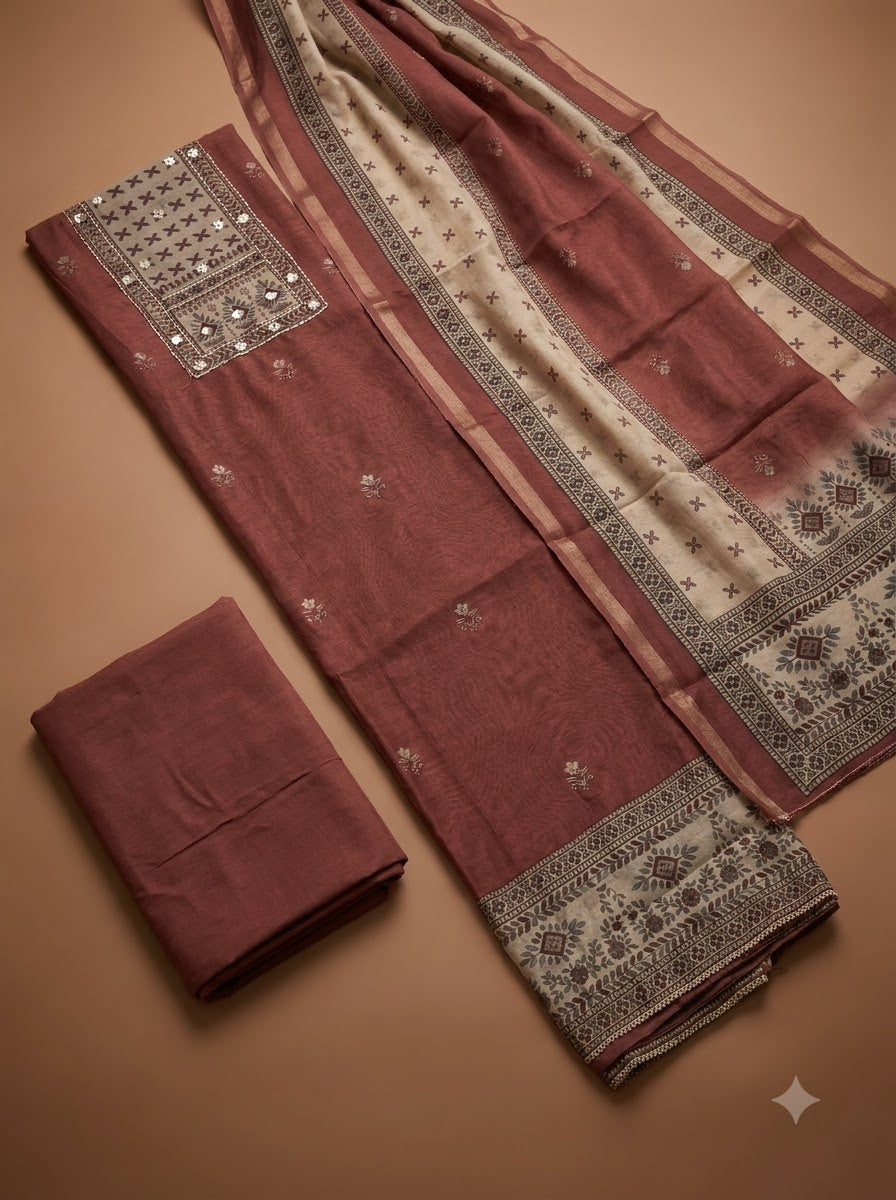 Rust Linen Blend Printed Unstitched Dress Material