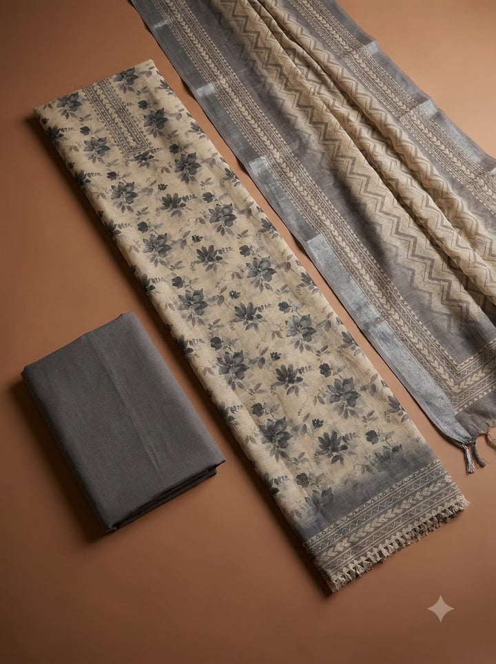 Grey Linen Blend Embroidered Unstitched Dress Material