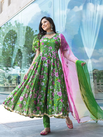 Digital Print Art Silk Anarkali Kurta With Pant And Dupatta