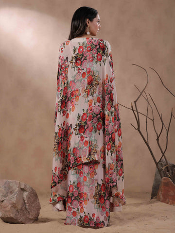 Floral Printed Crepe Crop Top With Wrap Skirt And Jacket