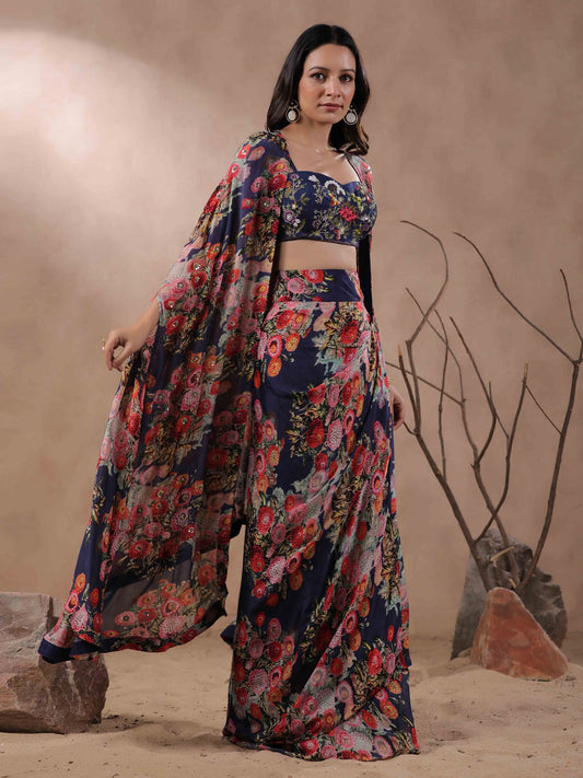 Floral Printed Crepe Crop Top With Wrap Skirt And Jacket