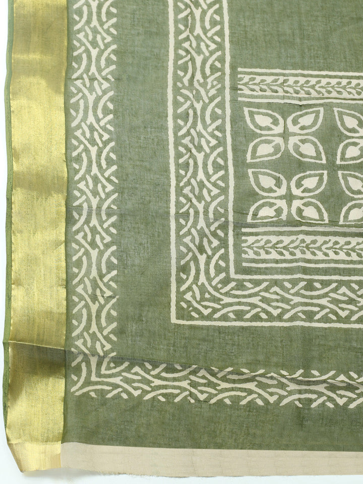 Printed Cotton Blend Unstitched Suit With Pant &amp; Dupatta