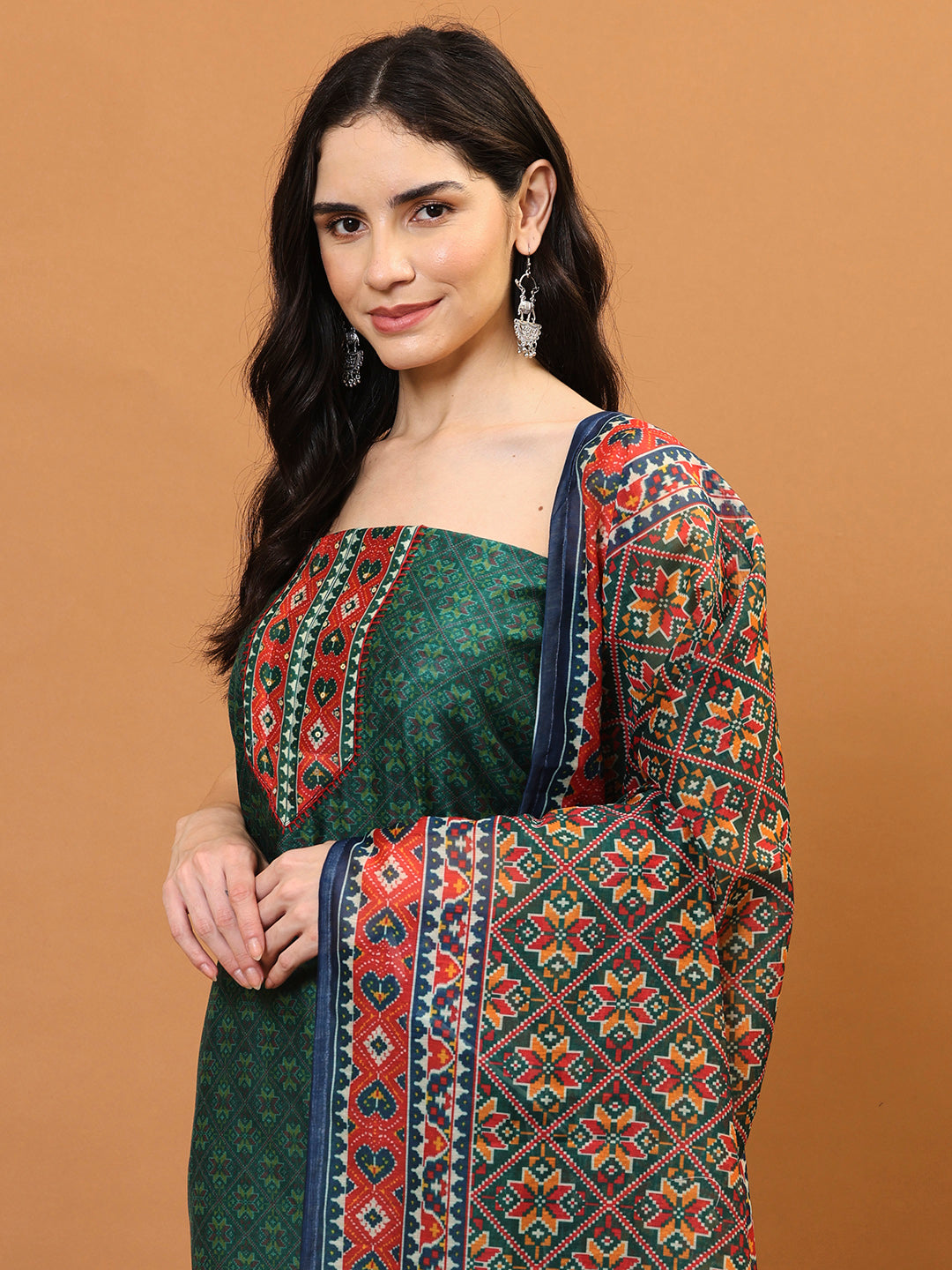 Printed Chanderi Unstitched Suit Piece With Dupatta