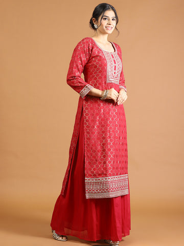 Neck Embroidery Banarasi Kurta With Palazzo & Dupatta