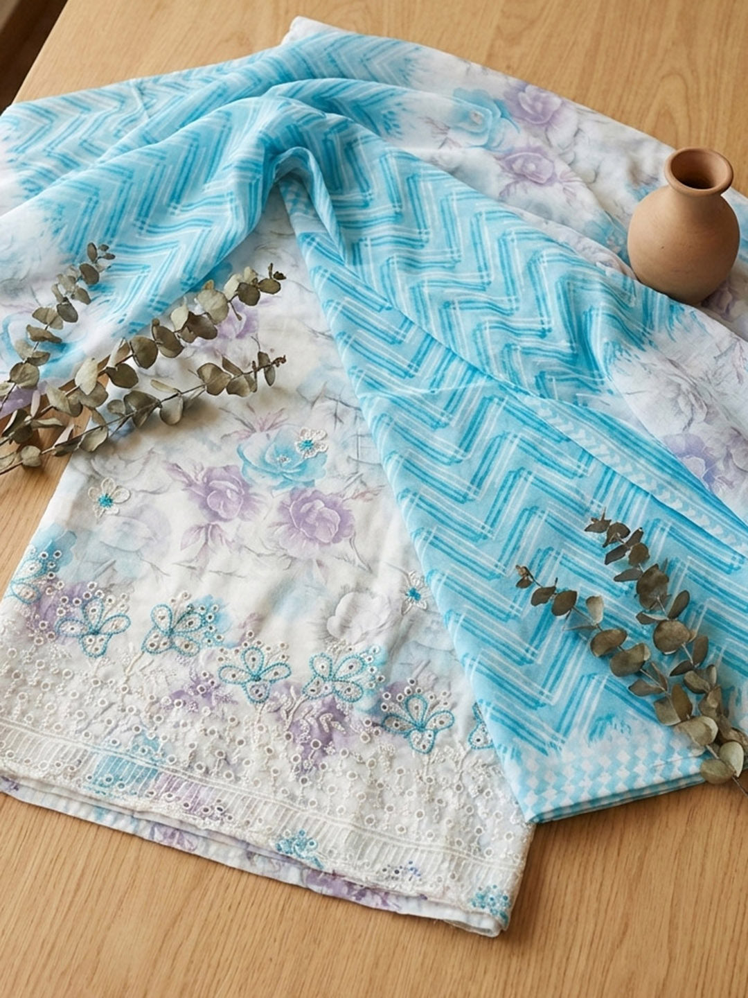 Embroidered Cotton Blend Unstitched Suit With Pant &amp; Dupatta