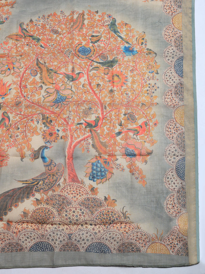 Printed Linen Blend Unstitched Suit With Pant &amp; Dupatta