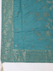 Embroidered Chanderi Rama Green Unstitched Suit With Pant & Dupatta