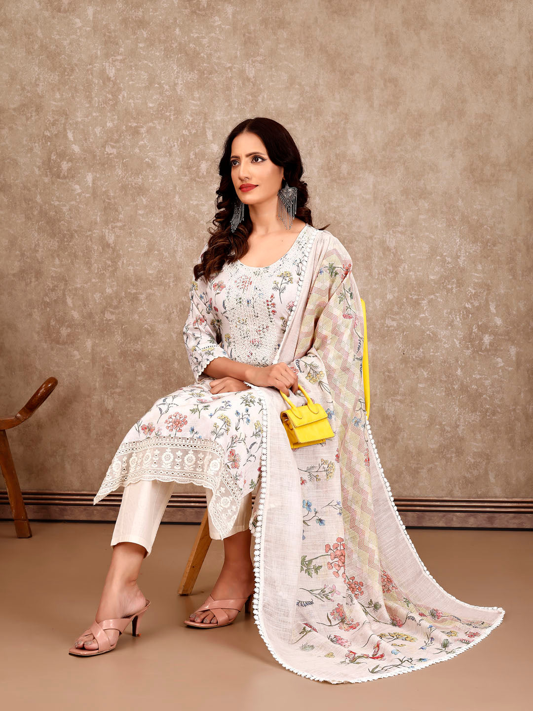 Neck Embroidery Cotton Blend Kurta With Pants &amp; Dupatta