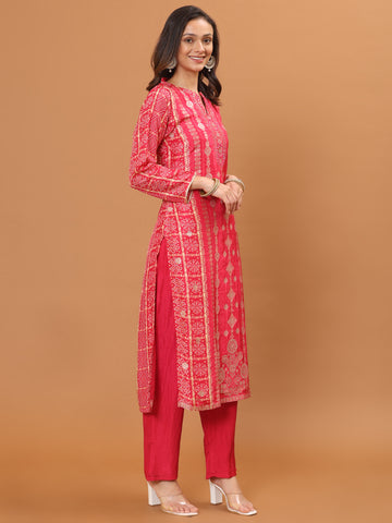 Banarasi Printed Embroidery Kurta With Pants & Dupatta