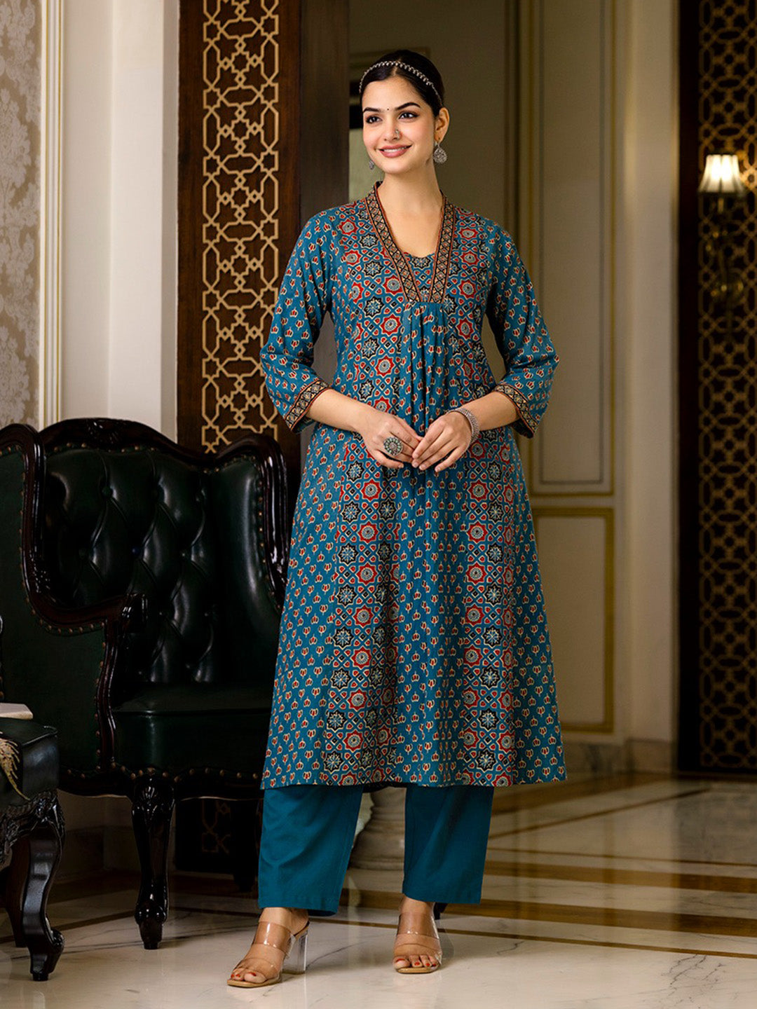 Printed Cotton Blend Kurta With Pants & Dupatta