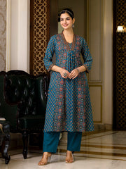 Printed Cotton Blend Kurta With Pants & Dupatta