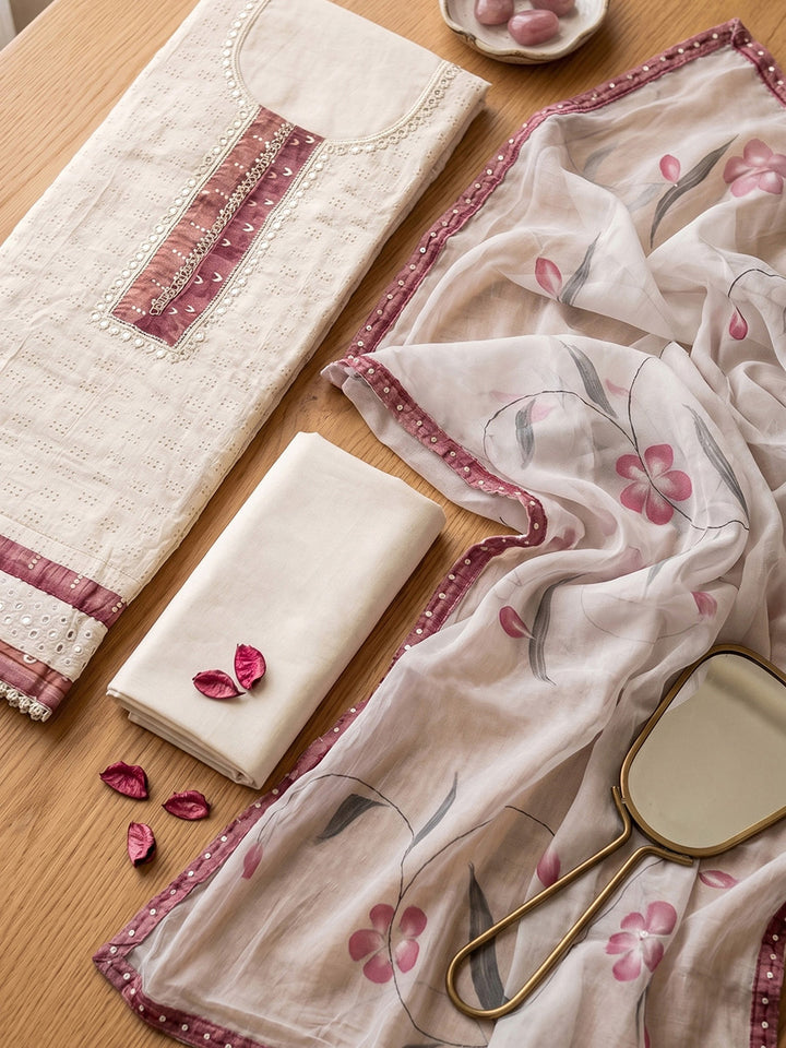Neck Embroidered Cotton Blend Unstitched Suit With Dupatta