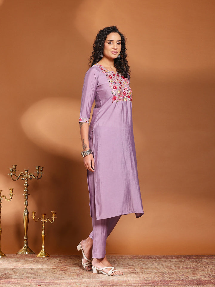 Lavender Cotton Blend Embroidered A Line Suit Set