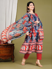 Printed Chanderi Kurta With Pants & Dupatta