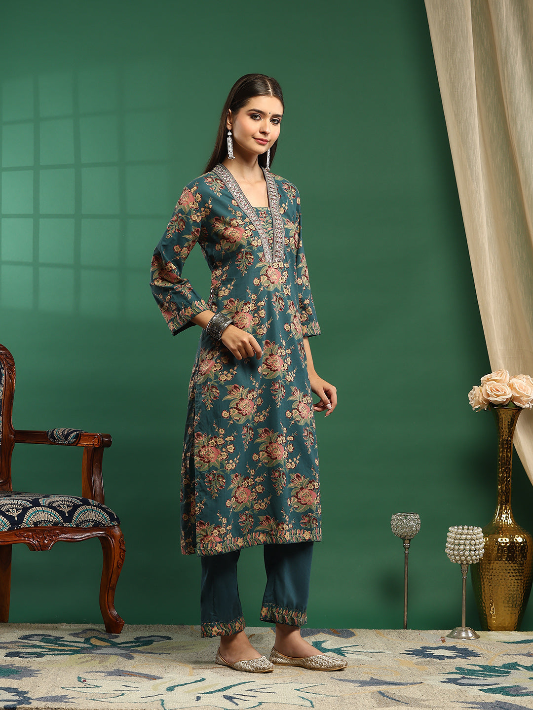 Printed Cotton Blend Kurta With Pant &amp; Dupatta