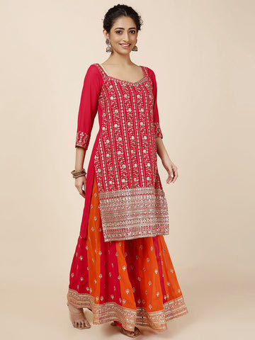 Zari Jaal Embroidery Georgette Kurta With Sharara & Dupatta