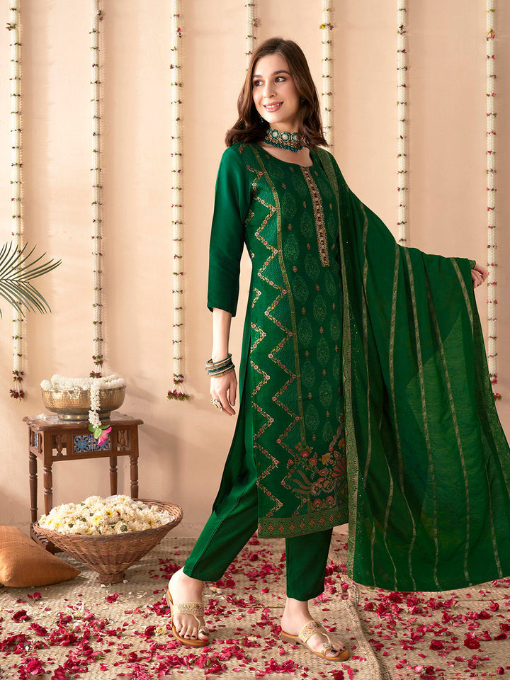 Embroidered Silk Kurta With Pant &amp; Dupatta