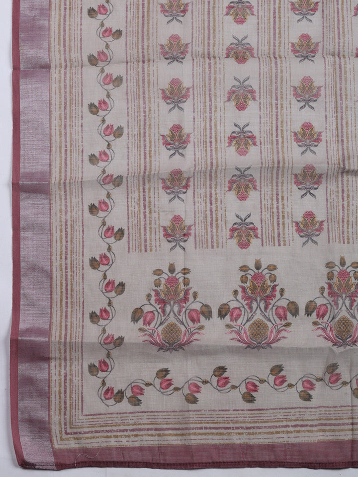 Printed Linen Blend Unstitched Suit With Pant &amp; Dupatta