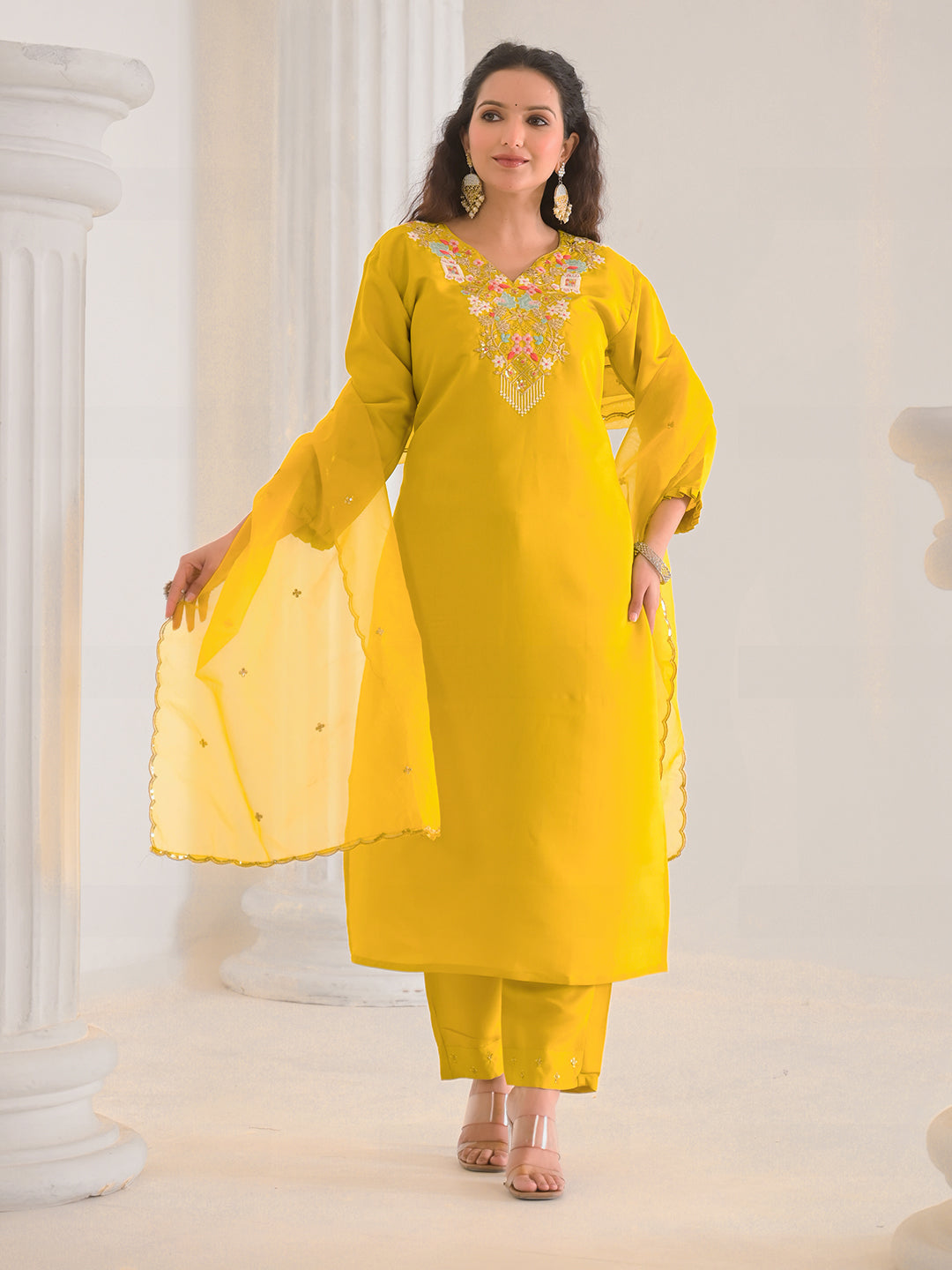 Neck Embroidery Cotton Blend Kurta With Pants &amp; Dupatta