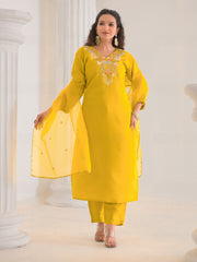 Neck Embroidery Cotton Blend Kurta With Pants & Dupatta