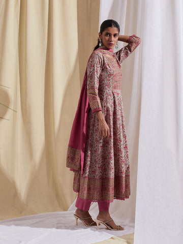 Floral Block Printed Anarkali Kurta With Pants & Dupatta