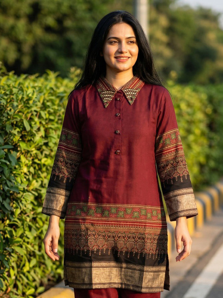 Maroon Printed Muslin Collar Neck Kurta Set