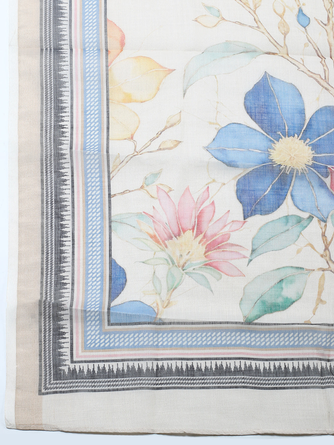Printed Linen Blend Unstitched Suit With Pant &amp; Dupatta