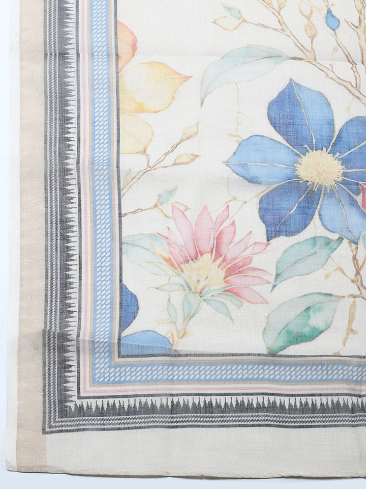 Printed Linen Blend Unstitched Suit With Pant &amp; Dupatta