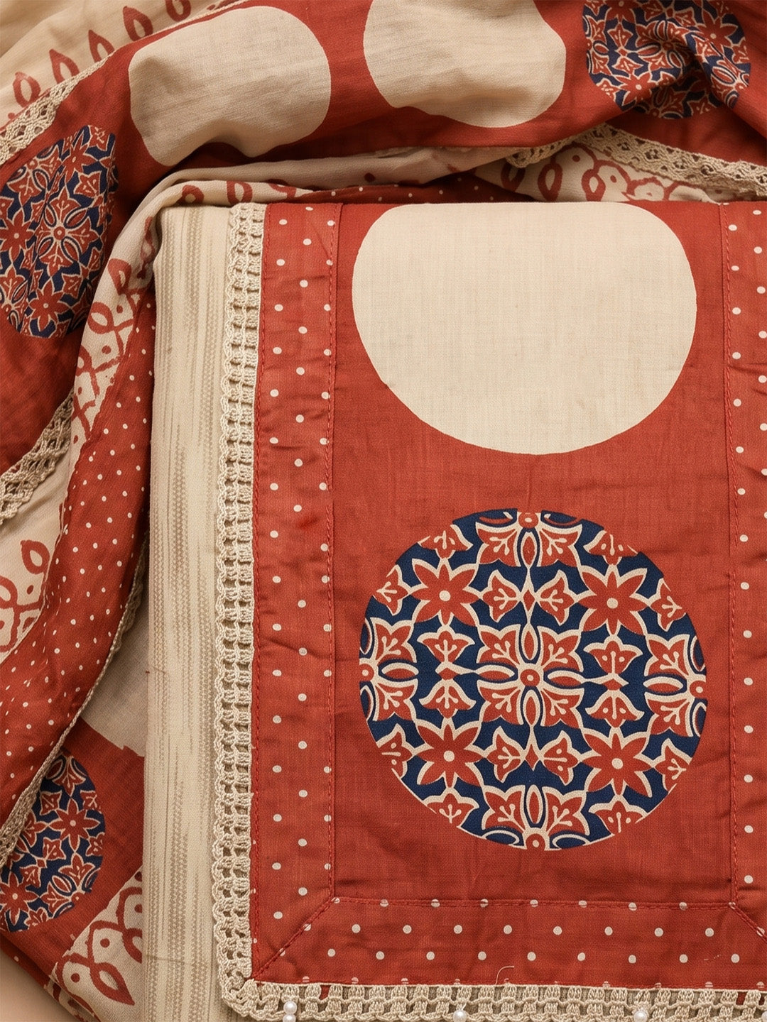 Beige Cotton Blend Embroidered Unstitched Dress Material