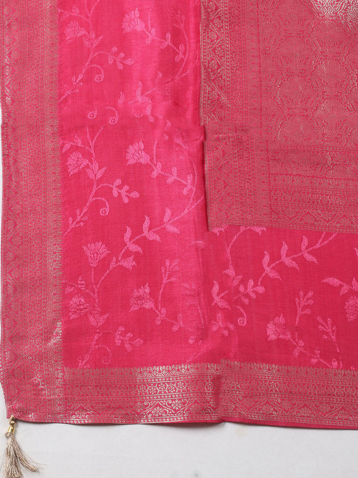 Embroidered Chanderi Unstitched Kurta With Pant &amp; Dupatta