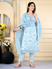 Neck Embroidered Cotton Blend Kurta With Pants & Dupatta