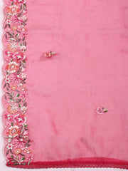 Embroidered Chanderi Rani Unstitched Suit With Pant & Dupatta