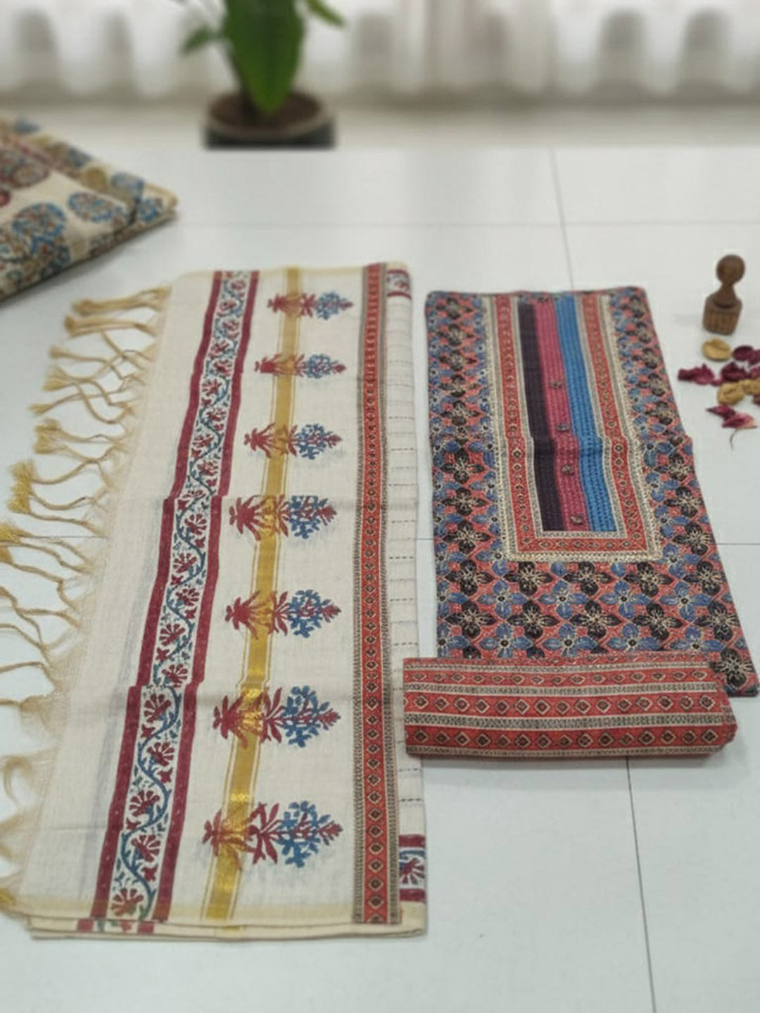 Embroidered Cotton Blend Unstitched Suit With Pant &amp; Dupatta