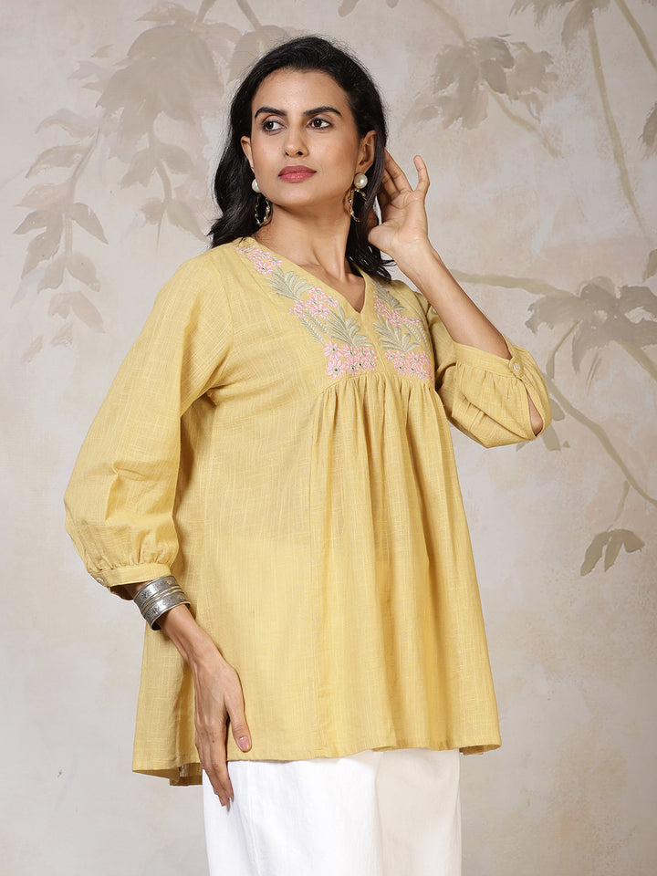 Yellow Cotton Printed Kurti