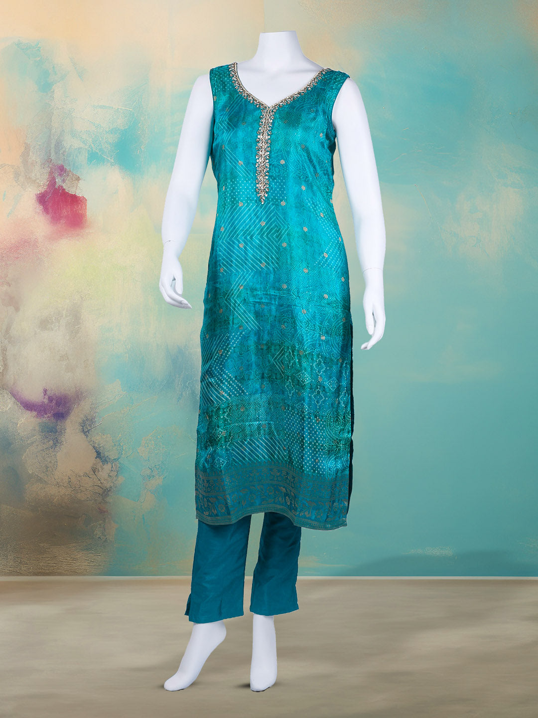 Bandhani Printed Art Silk Kurta With Pants & Dupatta