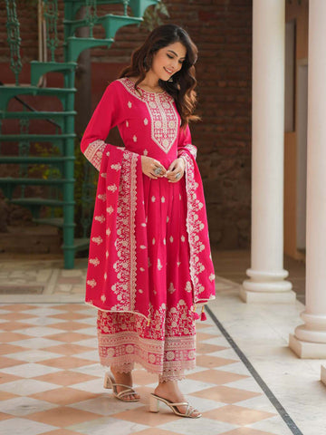 Resham Embroidery Cotton Blend Kurta With Pants & Dupatta