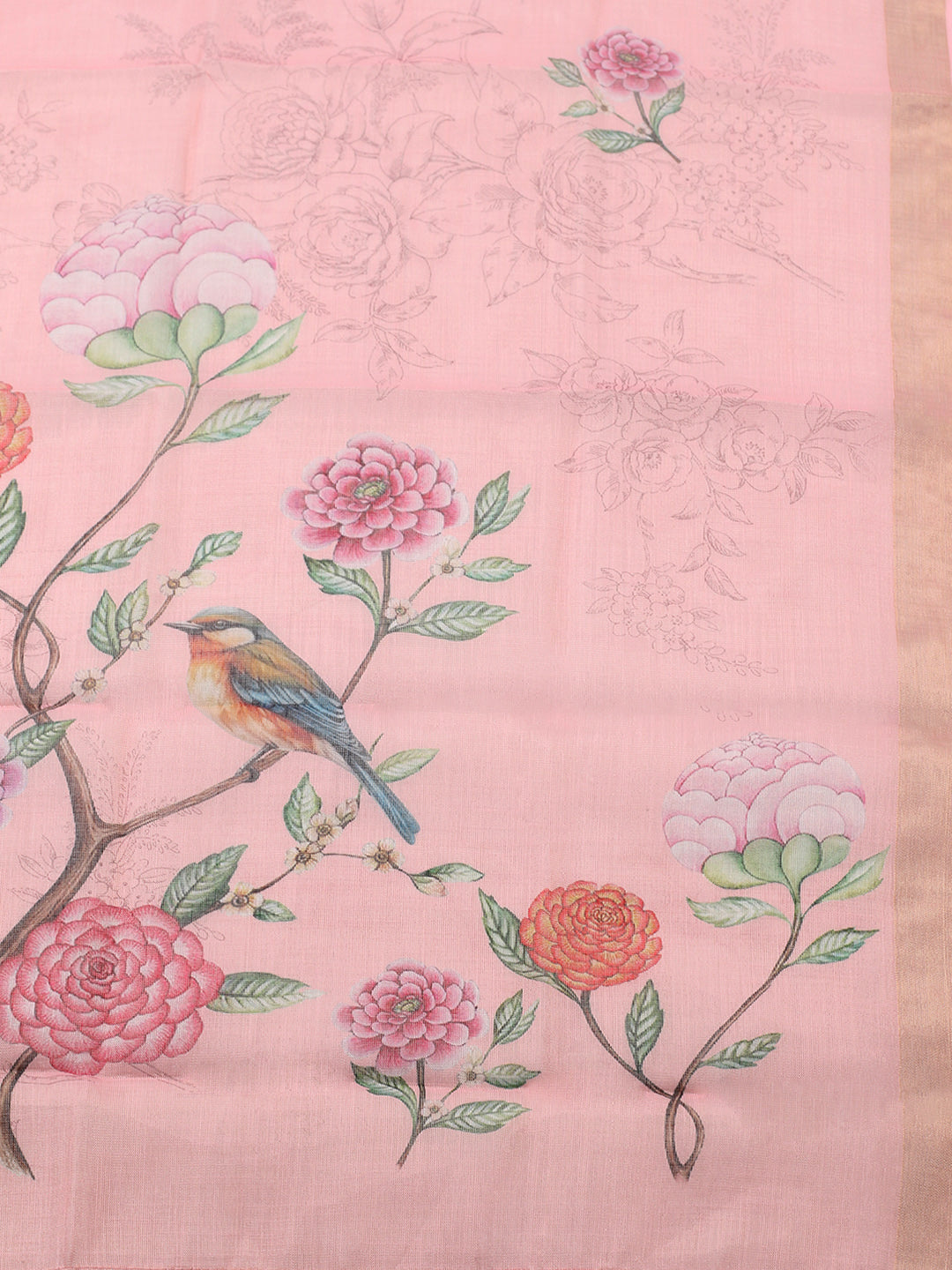 Printed Linen Blend Unstitched Suit With Pant &amp; Dupatta