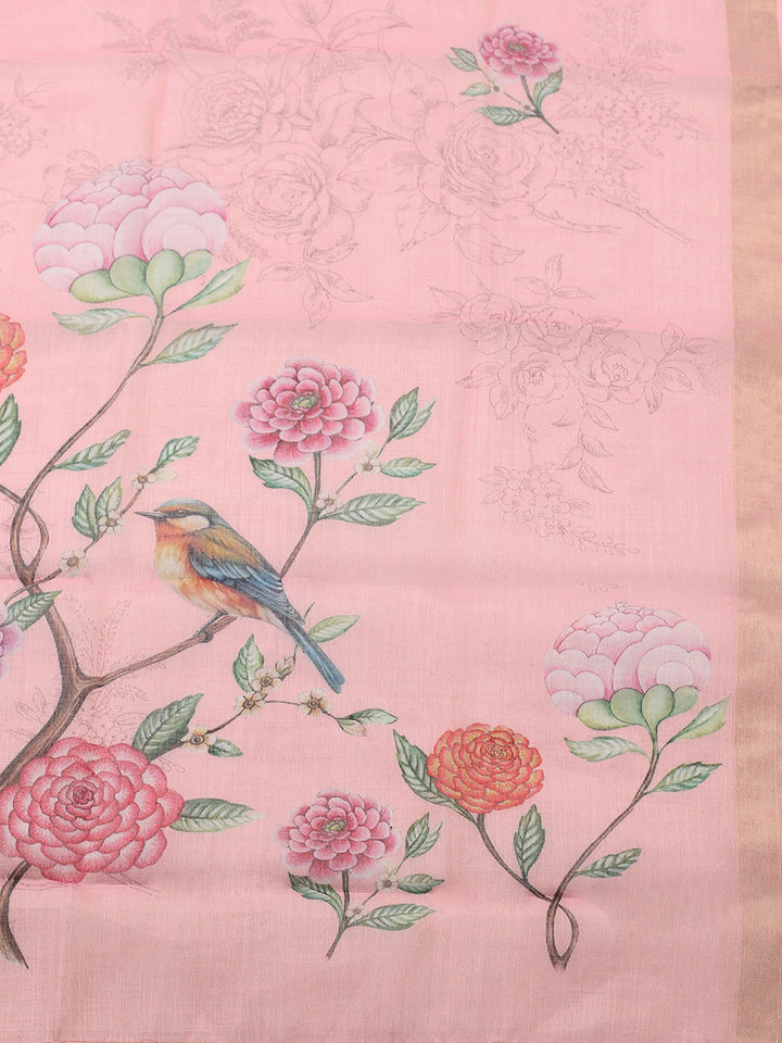 Printed Linen Blend Unstitched Suit With Pant &amp; Dupatta