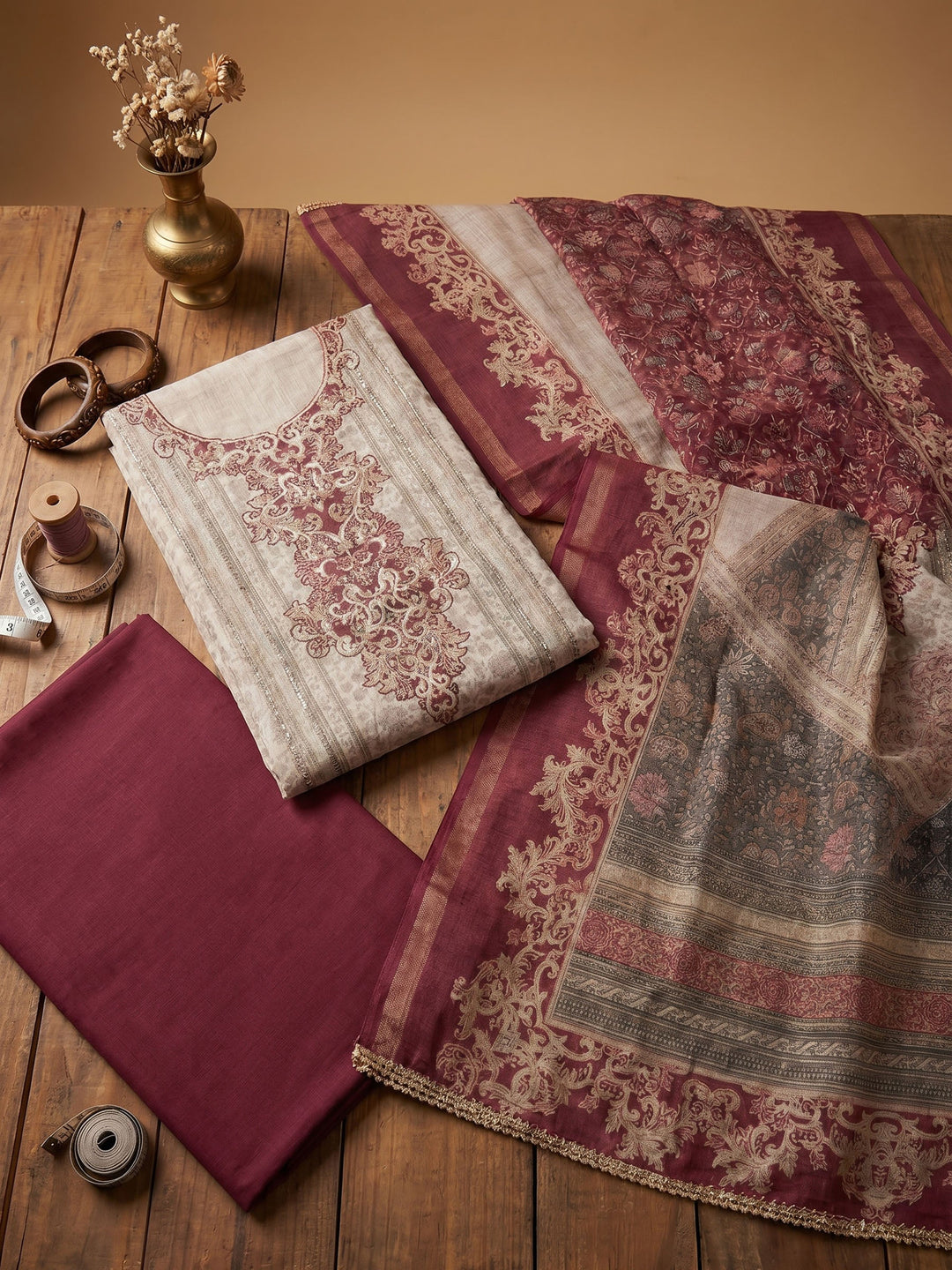 Neck Embroidered Chanderi Unstitched Suit With Dupatta